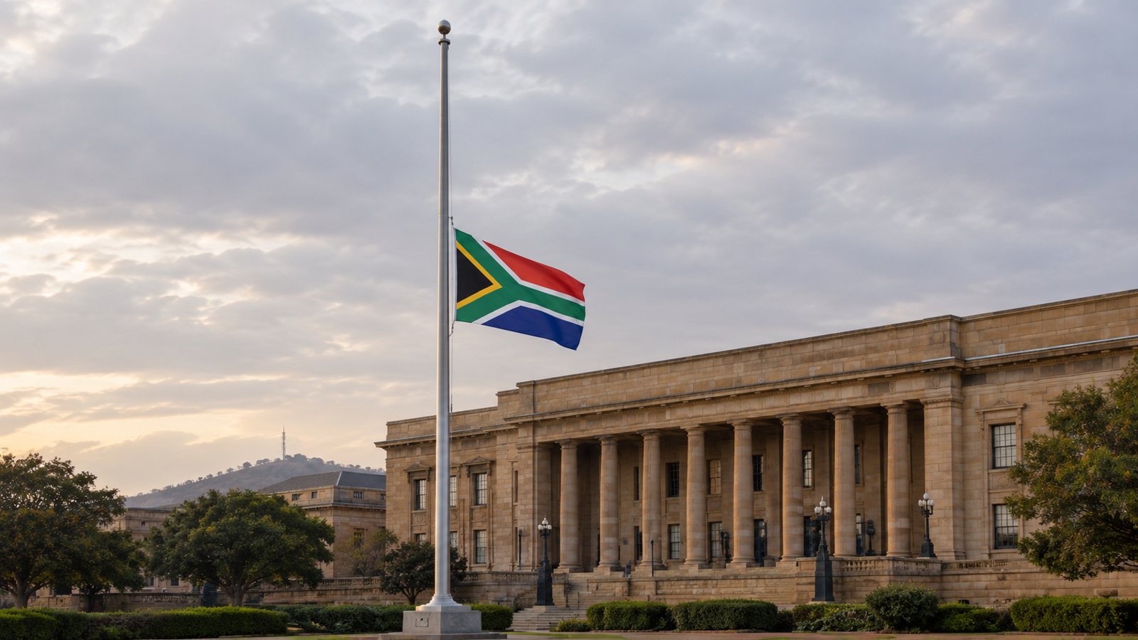 South African flag at half-mast outside a government building