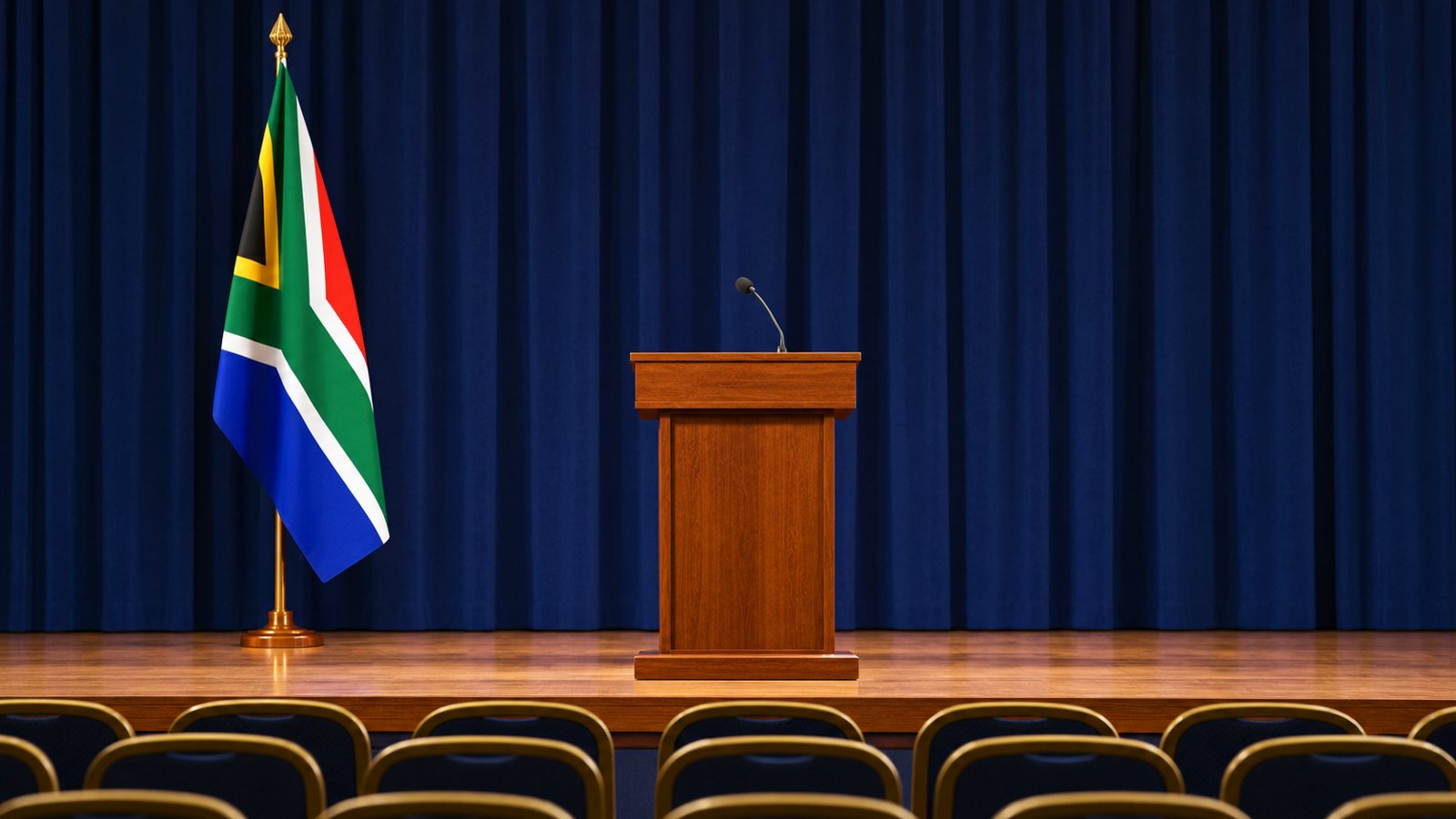 South African flag on an indoor flag staff beside a lectern, on the speaker's right